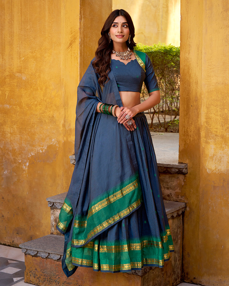 Elegant Navy Blue Chanderi Cotton Half Saree Lehenga Choli