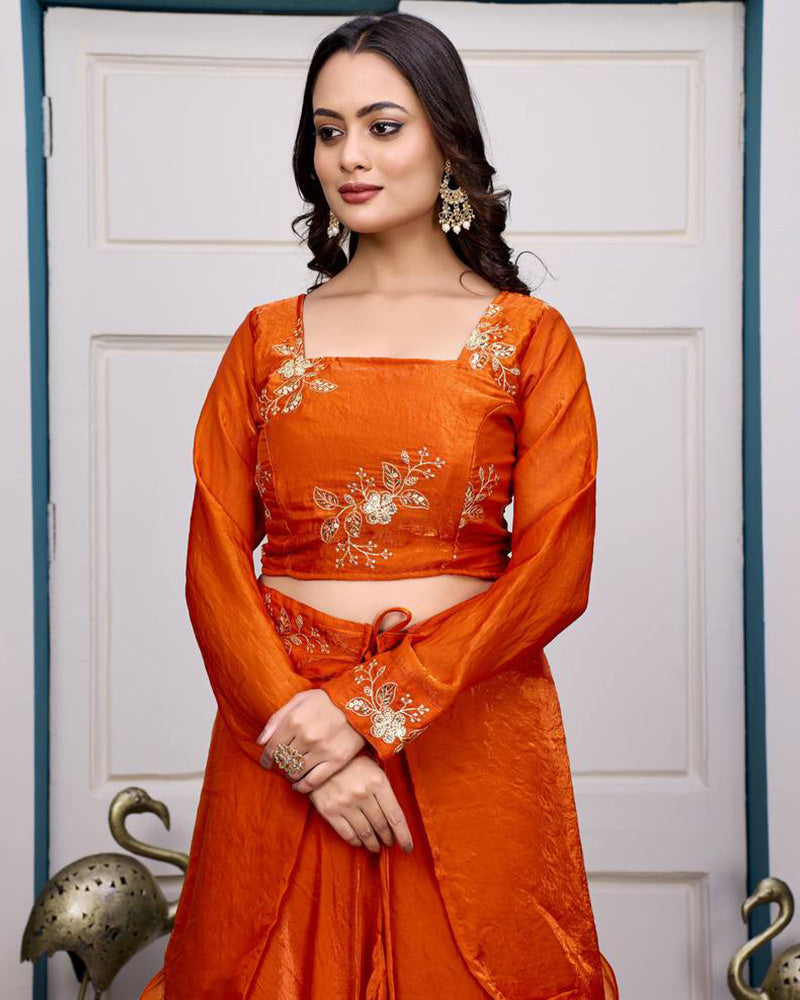 Orange Color Fendy Satin Silk Embroidered Lehenga Choli