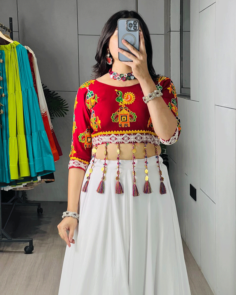 White And Maroon Color Rayon Cotton Navratri Lehenga Set