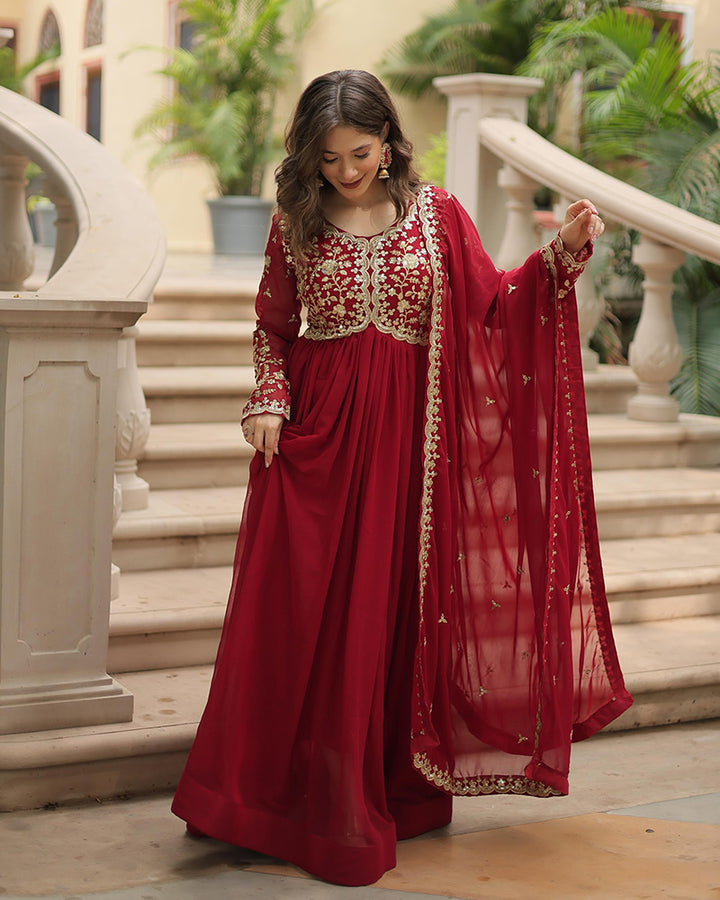 Designer Maroon Color Anarkali Gown With Embroidery Dupatta