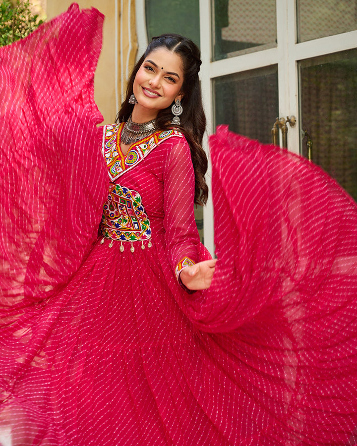 Designer Pink Color Kutchi Embroidered Anarkali Gown