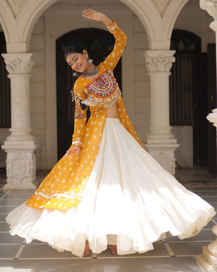 Yellow Bandhani Print Gamthi Jacket Choli With Off-White Flared Lehenga