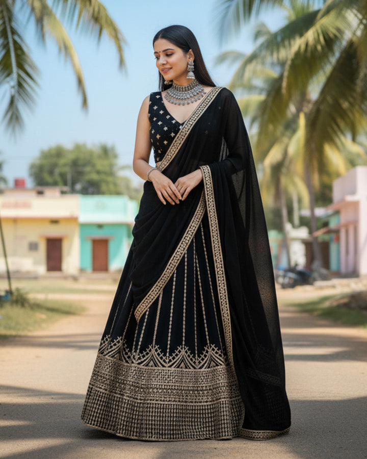Wedding Wear Black Color Georgette Embroidered Lehenga Choli