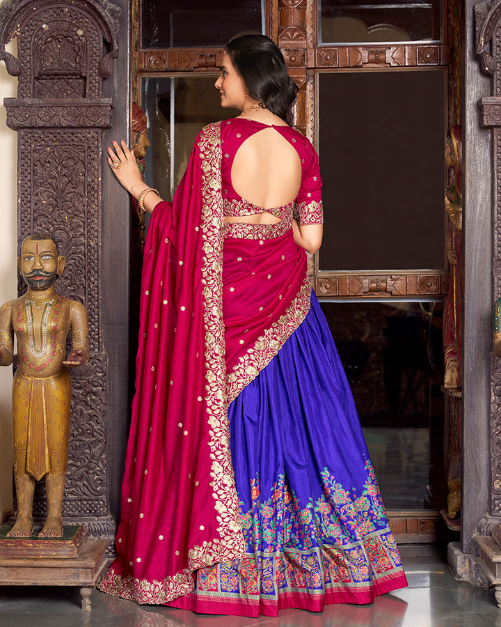 Royal Blue Color Tussar Silk Printed Lehenga Choli