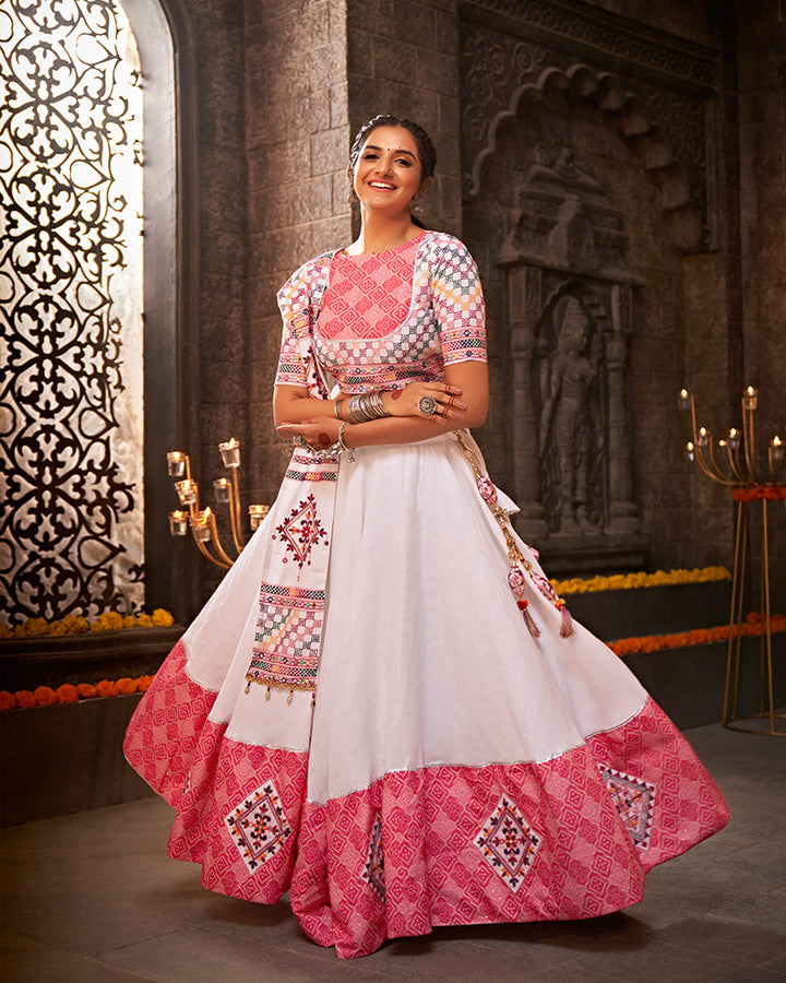 White Color Jacquard Cotton With Real Mirror Work Navratri Lehenga Choli