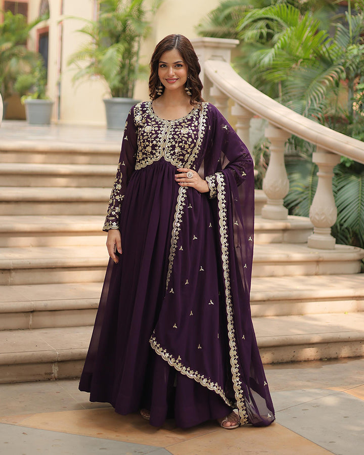 Designer Wine Color Anarkali Gown With Embroidery Dupatta