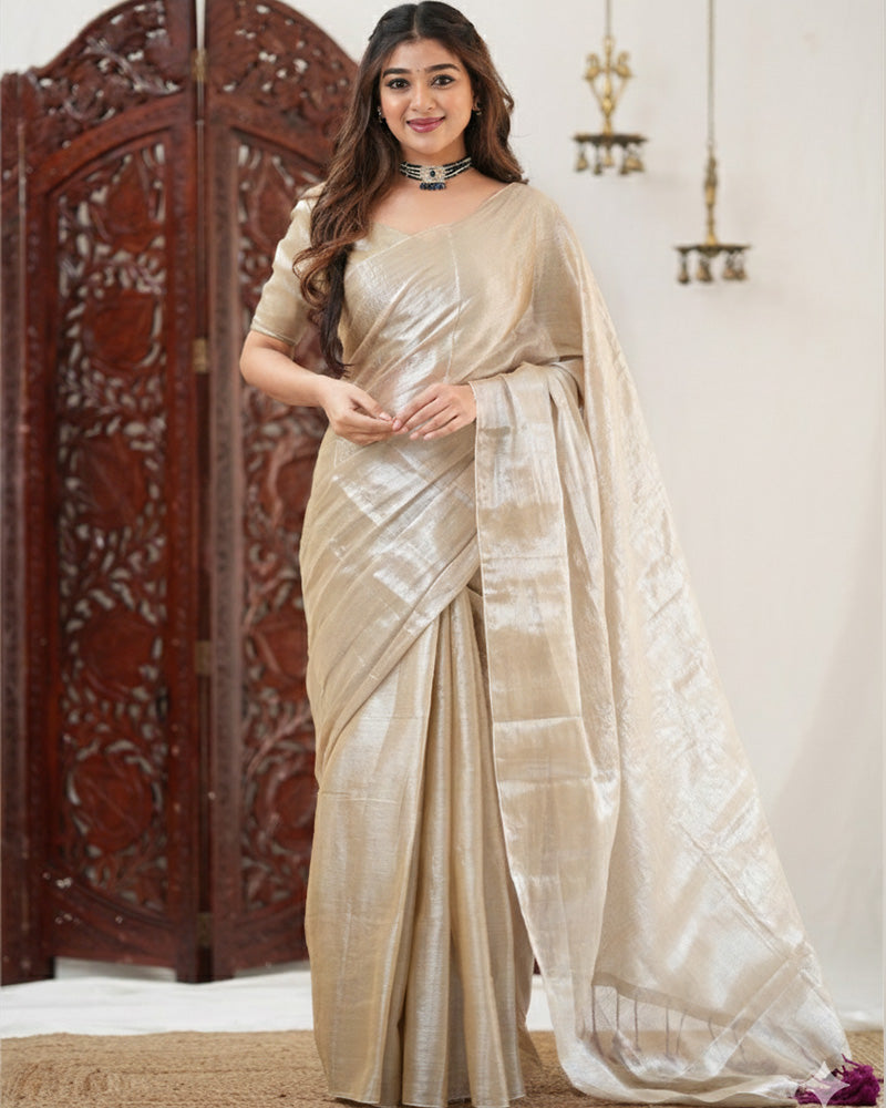 Off-White Color Handloom Raga Tissue Cotton Saree