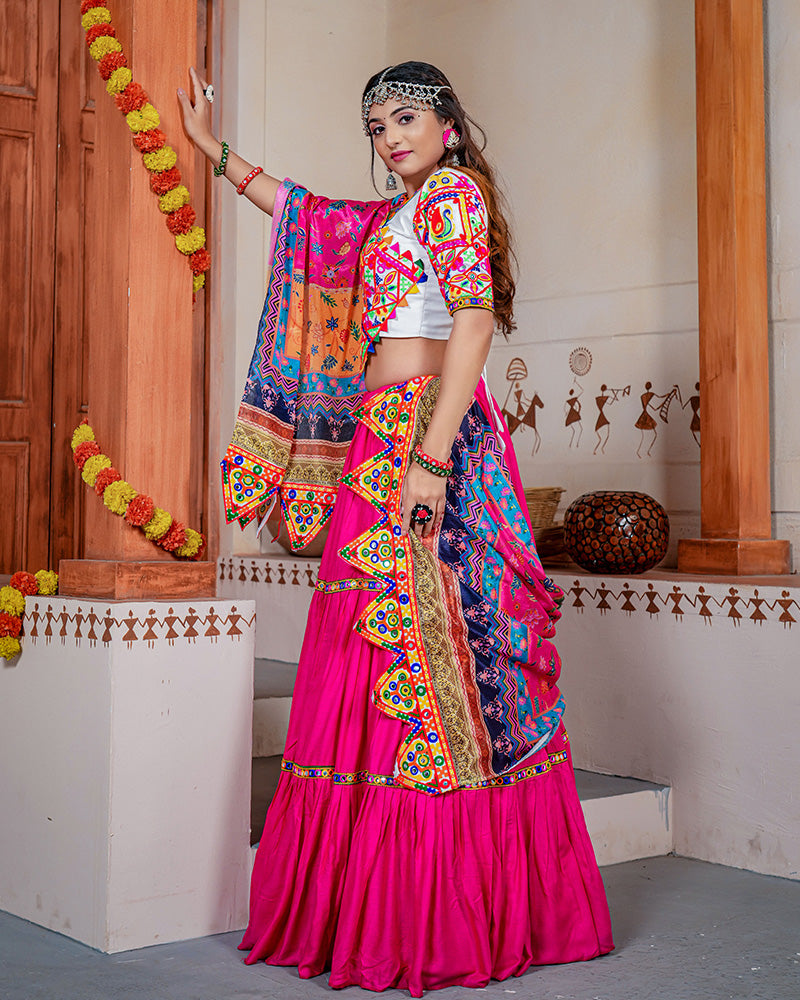 Pink Color Rayon Mirror Work Navratri Lehenga Choli