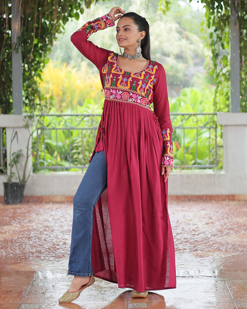 Navratri Wear Red Color Rayon Kutchi Work Kurti