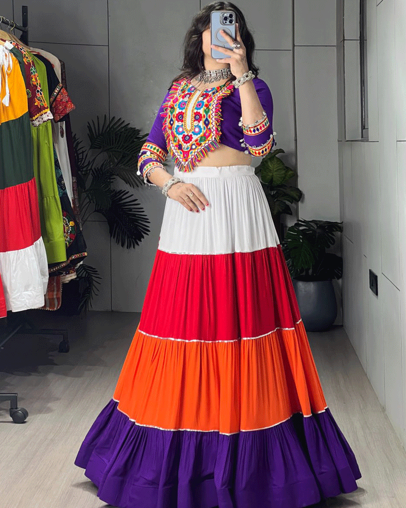 Vibrant Purple Multicolor Mirror Work Navratri Lehenga Choli
