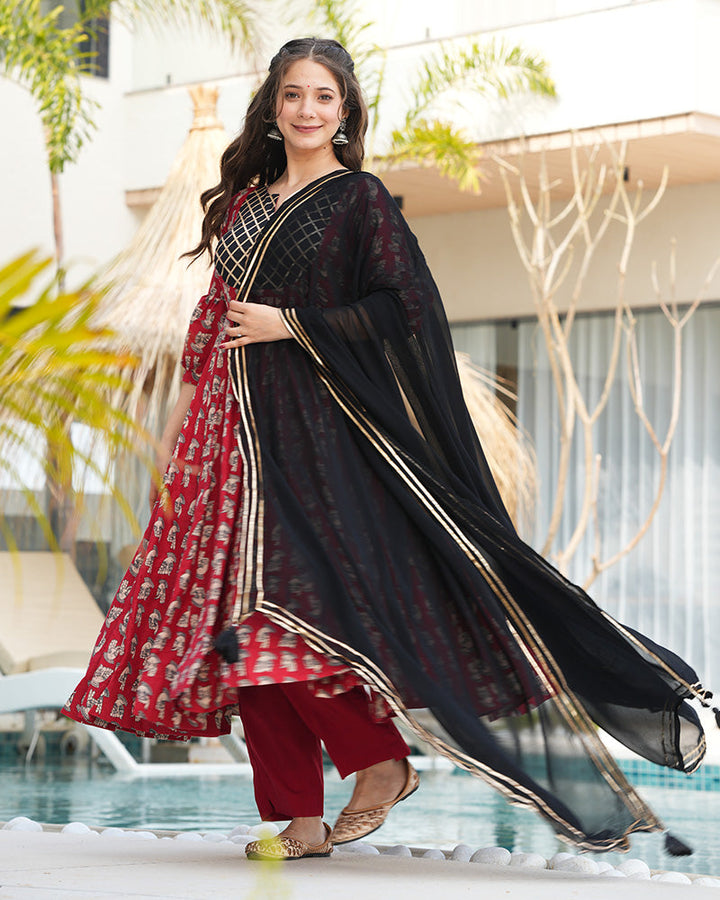 Maroon and Black Color Printed Pure Cotton Anarkali Suit