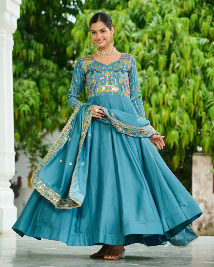 Teal Blue Color Vichitra Silk Sequence Embroidered Gown