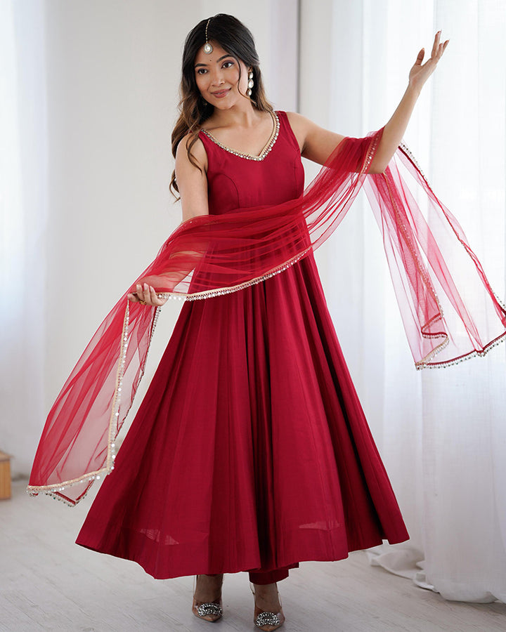 Designer Maroon Color Roman Chanderi Silk Anarkali Suit