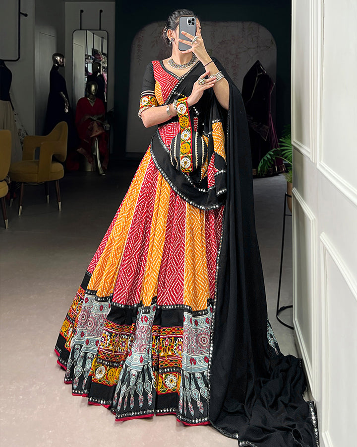 Red And Yellow Color Traditional Rayon Navratri Lehenga Choli