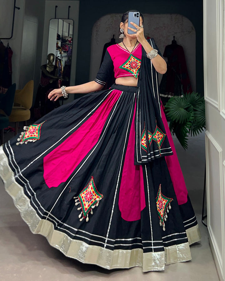 Pink And Black Color Cotton Gamthi Navratri Lehenga Choli