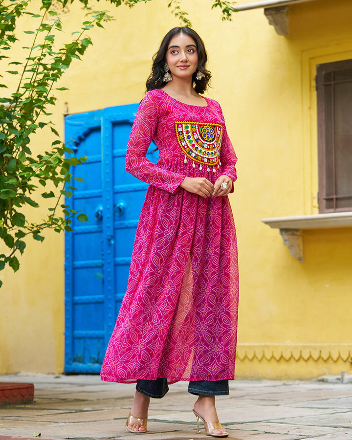 Elegant Pink Georgette Bandhani Print Kurti