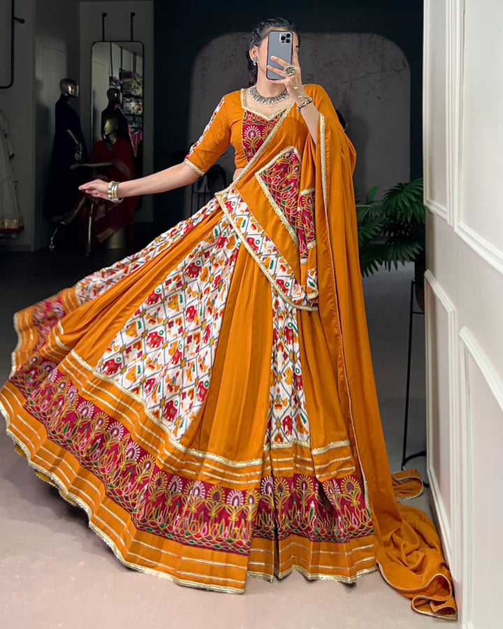 Mustard Color Rayon Printed Gamthi Work Navratri Lehenga Choli
