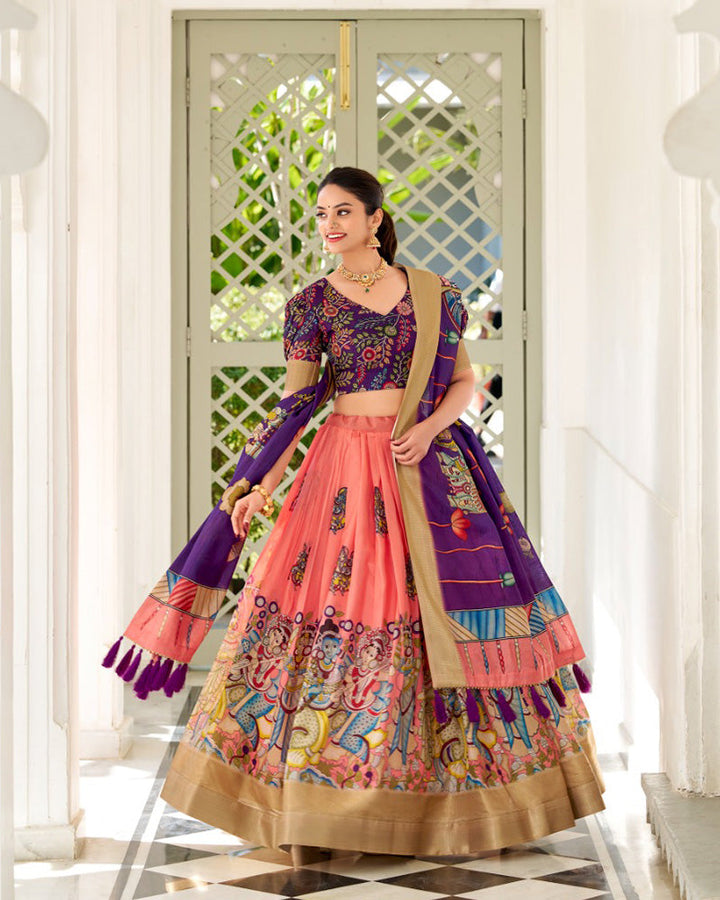 Peach Color Dola Silk Designer Kalamkari Print Half Saree