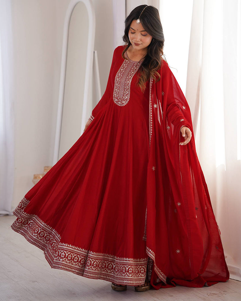 Dark Red Color Vichitra Silk Embroidered Gown