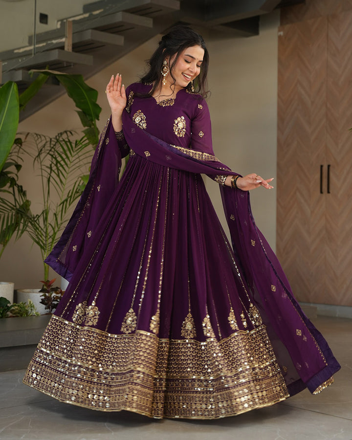 Royal Purple Color Faux Blooming Gown With Embroidered Dupatta