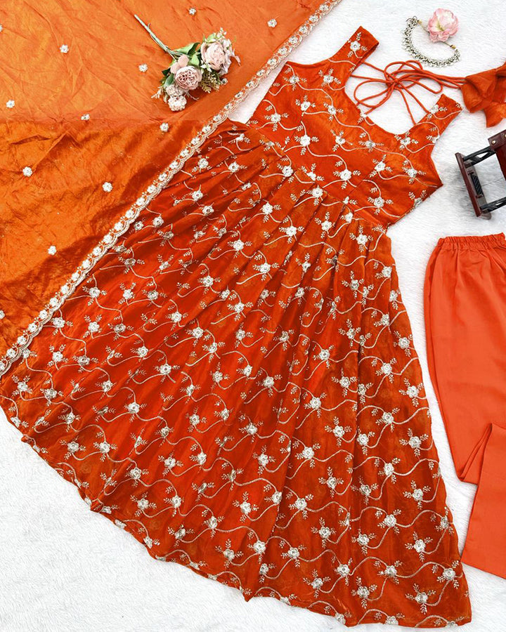 Orange Color Fendi Silk Three Piece Anarkali Suit