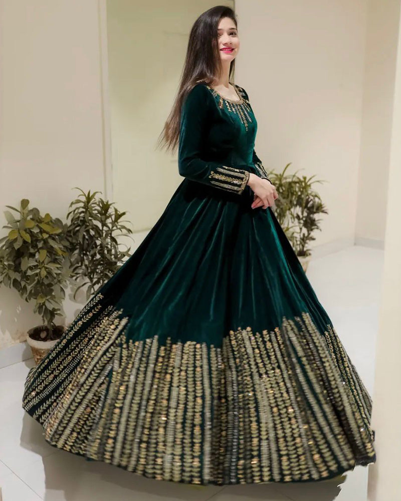 Bottle Green Color Viscose Velvet Embroidered Anarkali Suit