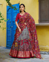 Grey Color Tussar Silk Kalamkari Printed Lehenga Choli