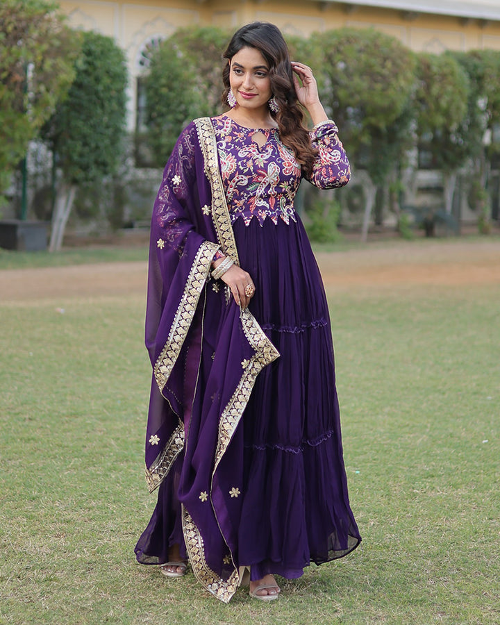 Designer Purple Color Georgette Frill Anarkali Gown With Dupatta