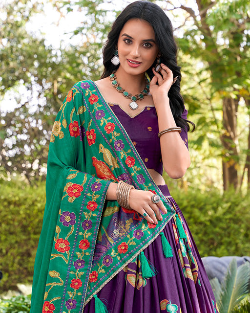 Purple Color Tussar Silk Printed With Foil Work Lehenga Choli