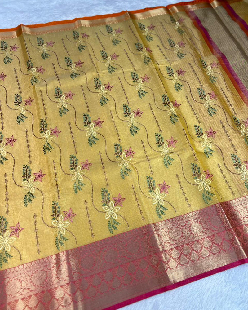 Yellow Color Tissue Silk Floral Embroidered Saree