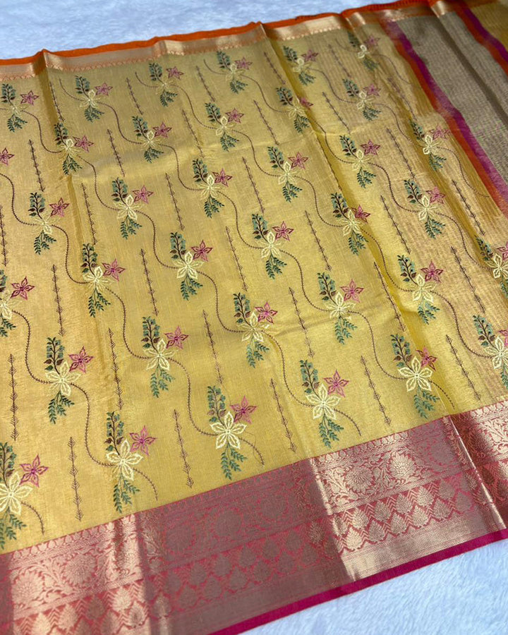 Yellow Color Tissue Silk Floral Embroidered Saree