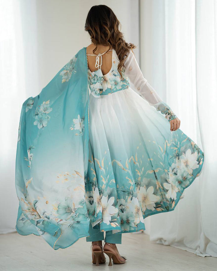 Aqua Blue Color Organza Silk Three Piece Anarkali Suit