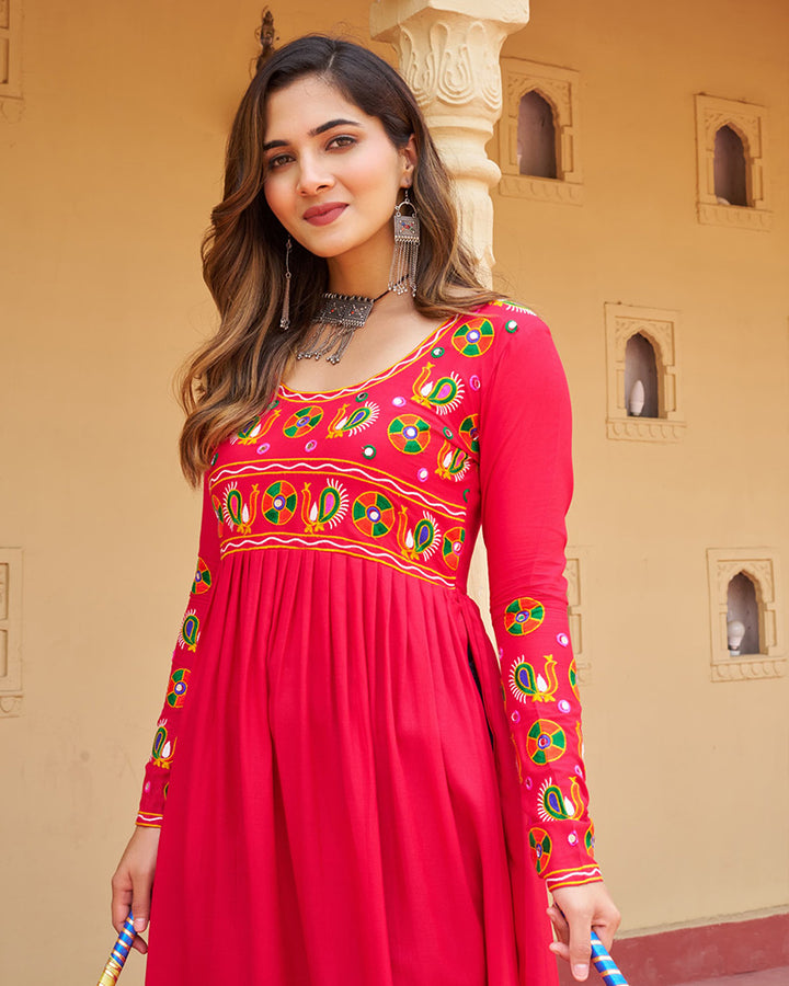 Vibrant Pink Flared Rayon Kurti With Gamthi Work