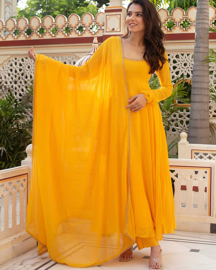 Yellow Color Georgette Three Piece Anarkali Suit