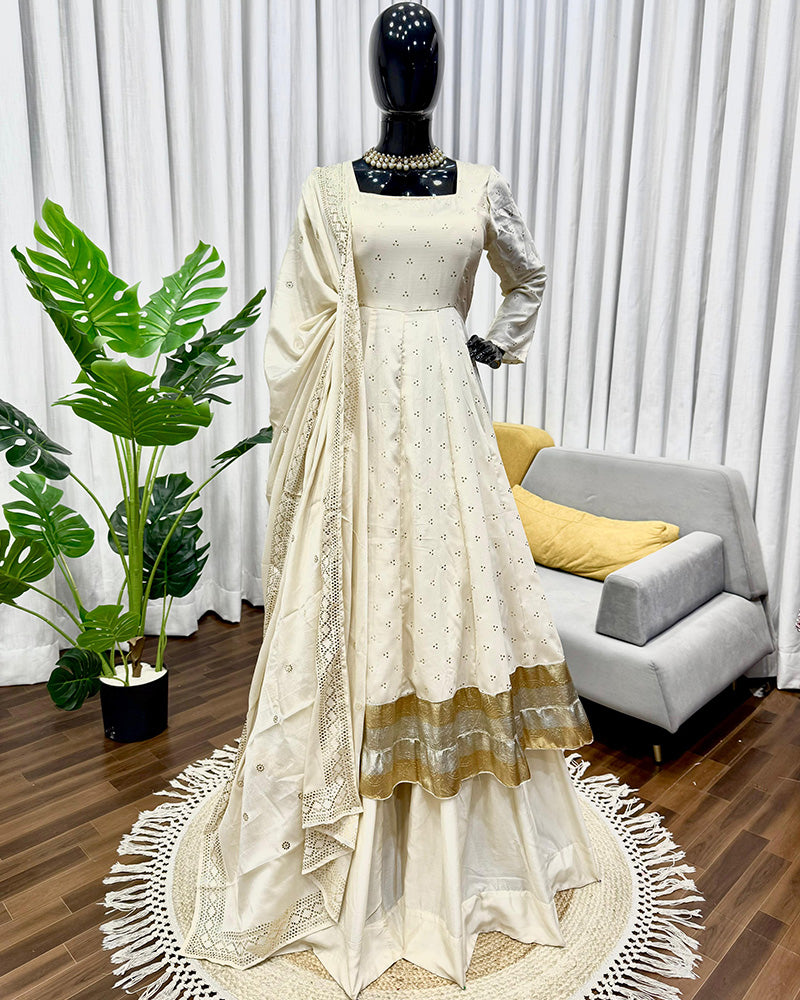 Cream Color Chinnon Silk Mukaish Work Plazzo Suit