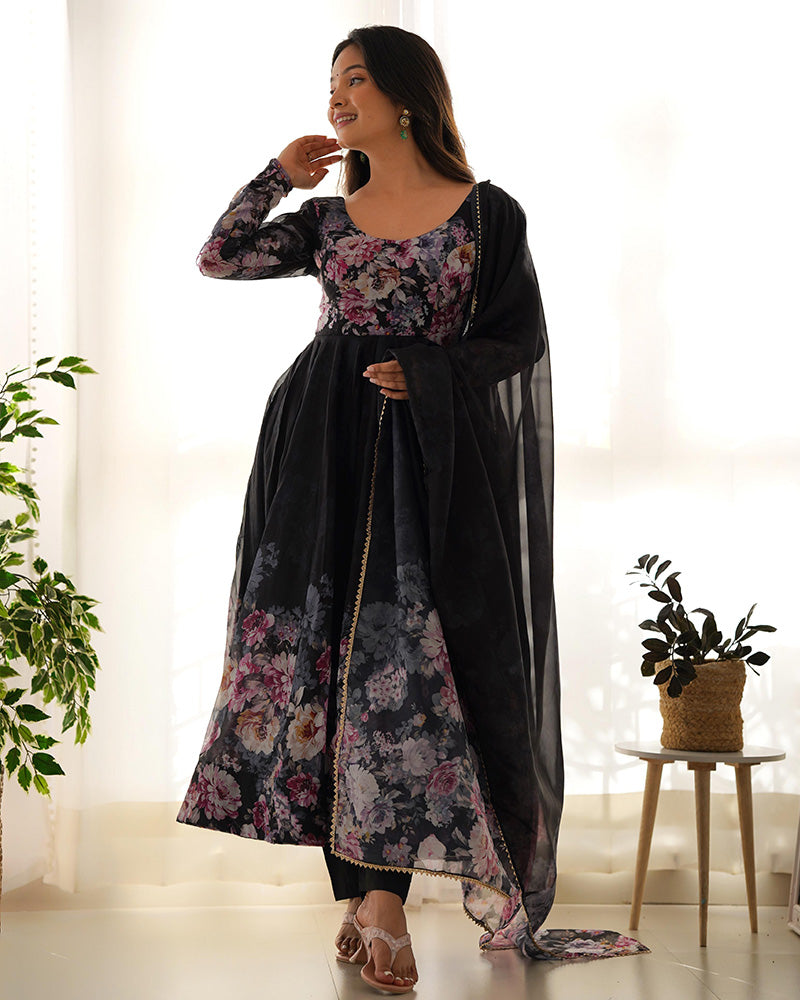 Black Color Organza Silk Three Piece Anarkali Suit