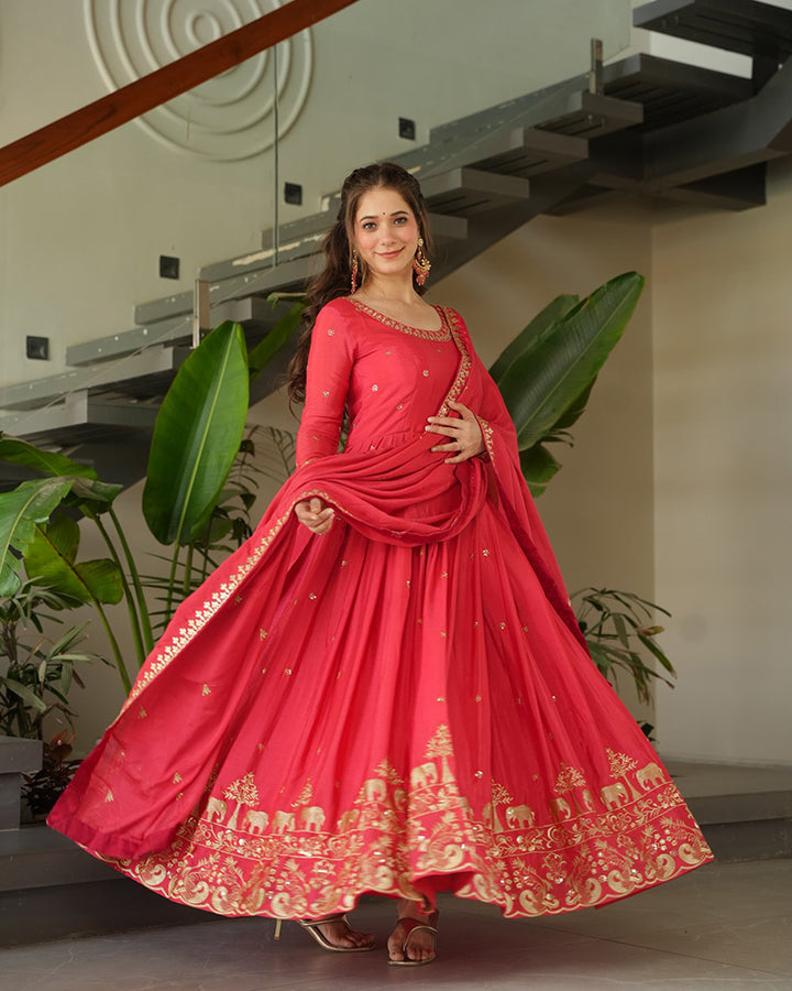 Peach Color Chinon Silk Gown With Embroidered Dupatta