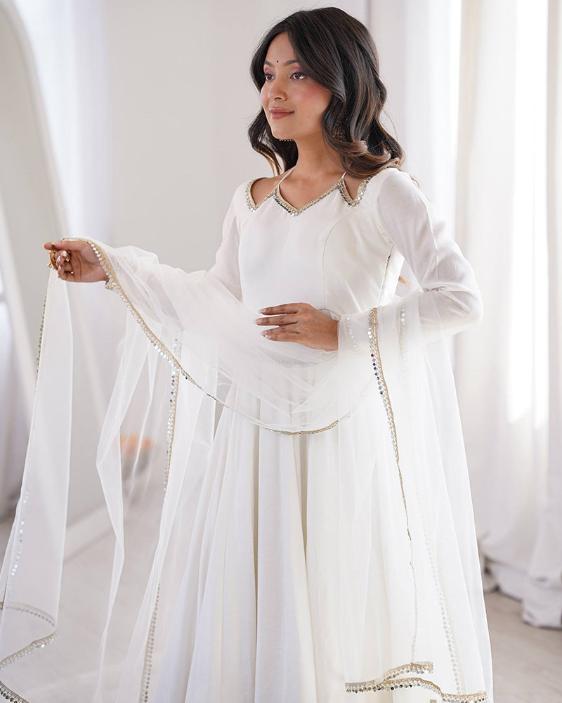 White Color Chanderi Roman Silk Three Piece Anarkali Suit