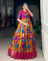 Mustard Color Tasar Silk Printed Gown With Koti