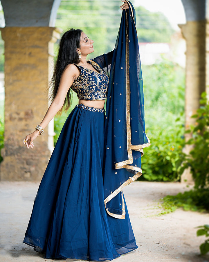 Navy Blue Color Sequence Embroidery Georgette Lehenga Choli