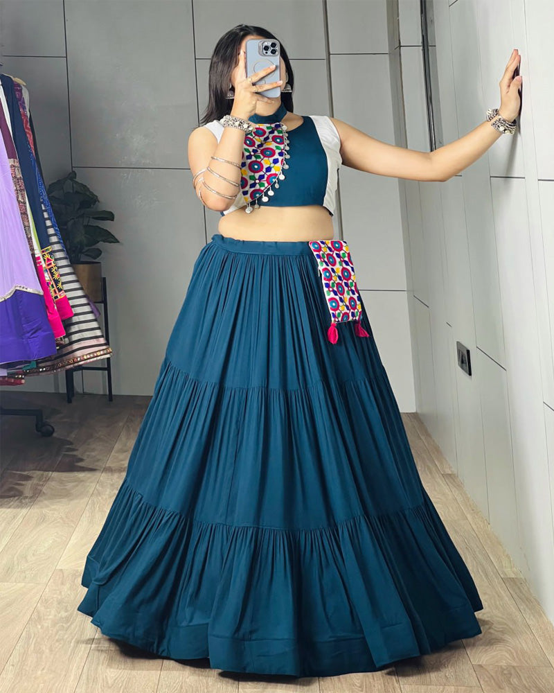 Traditional Rama Color Frilled Style Navratri Lehenga