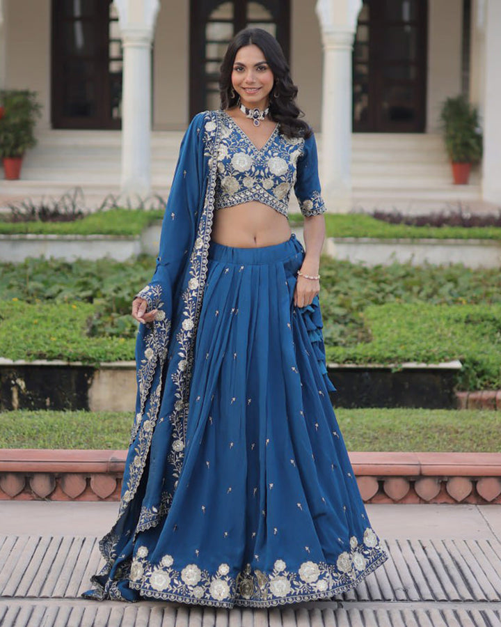 Peacock Blue Color Vichitra Silk Thread Embroidered Lehenga Choli