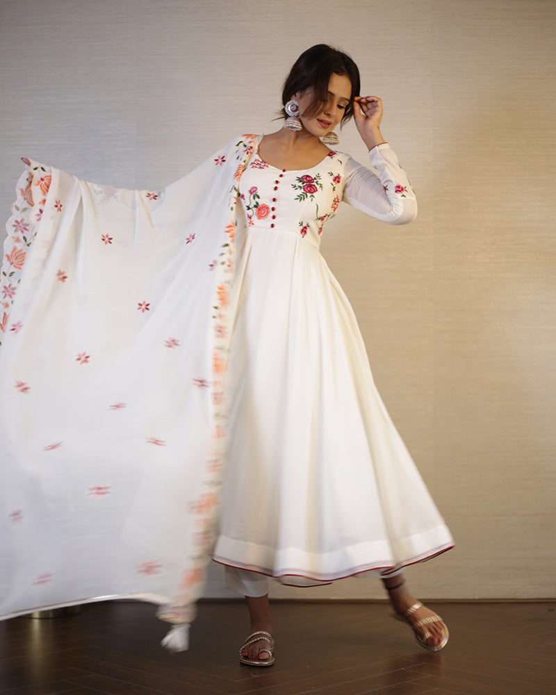 Off-White Color Georgette Anarkali With Pant And Dupatta