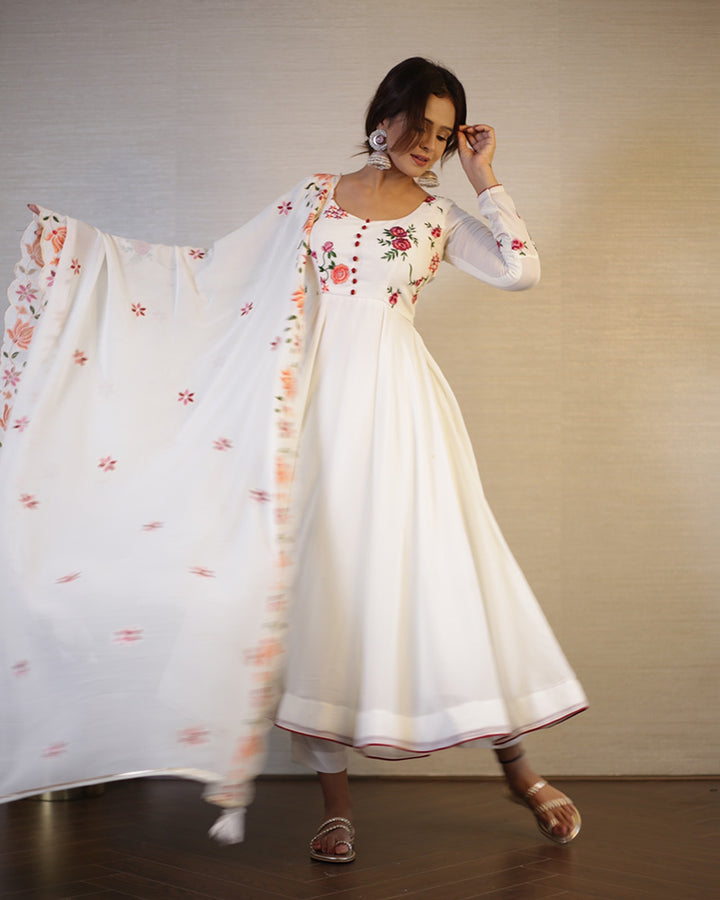 Off-White Color Georgette Anarkali With Pant And Dupatta