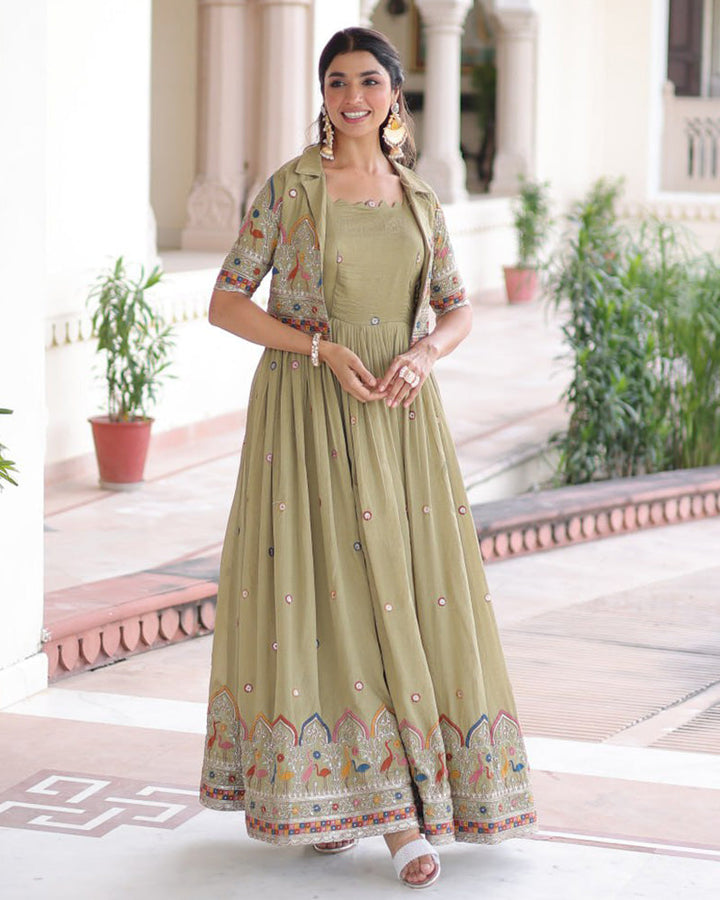 Olive Green Color Vichitra Silk Embroidered Gown