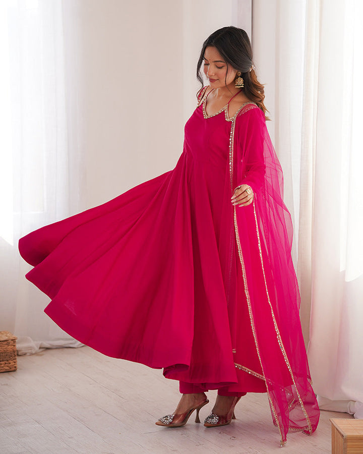 Rabi Pink Color Chanderi Roman Silk Three Piece Anarkali Suit