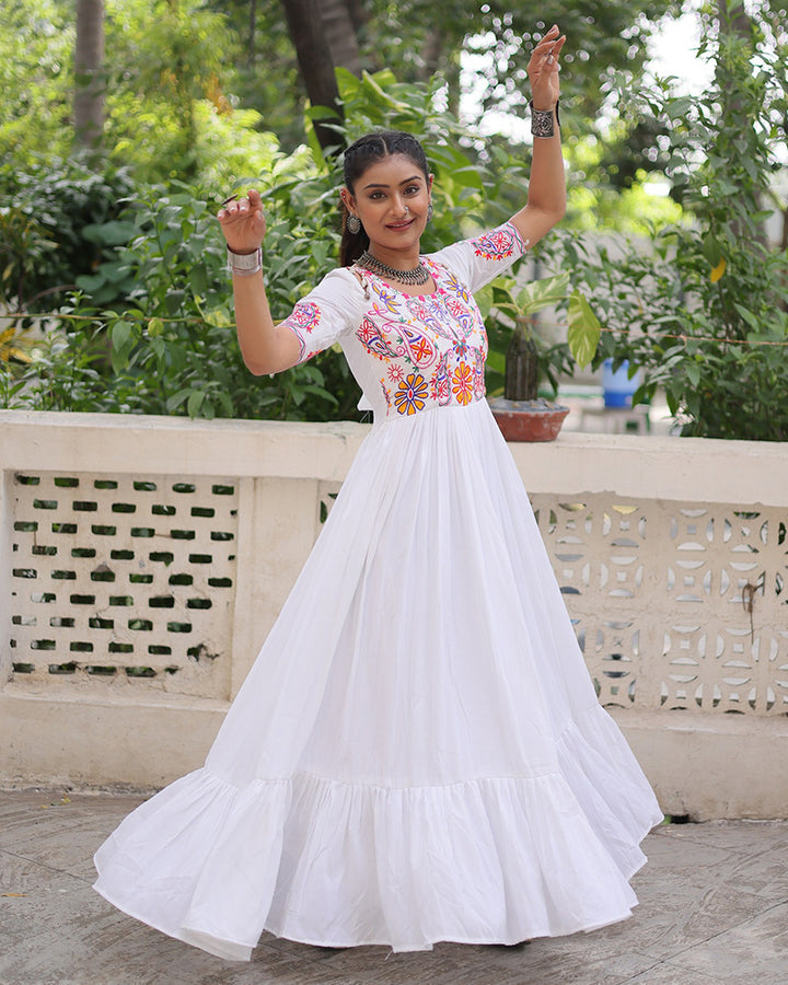 Navratri Wear White Rayon Gamthi Work Gown