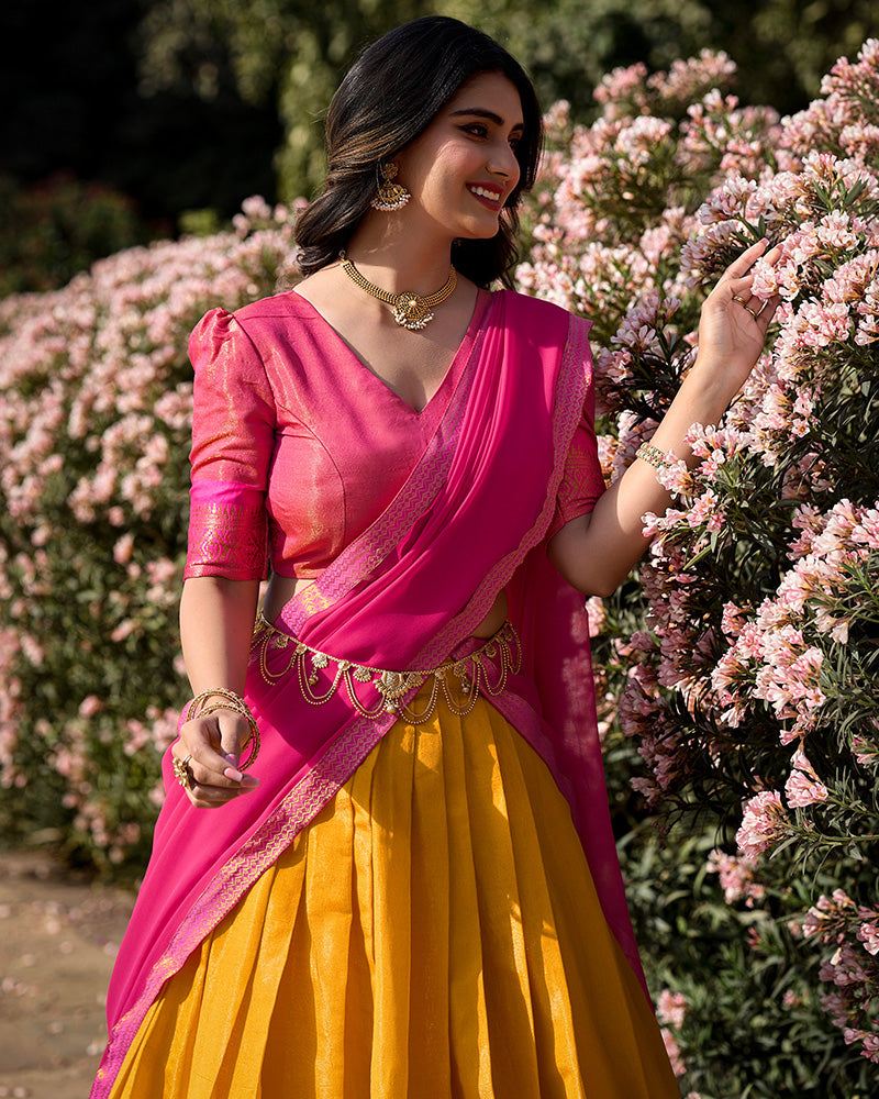 Mustard Color Kanchipuram Silk Designer Half Saree