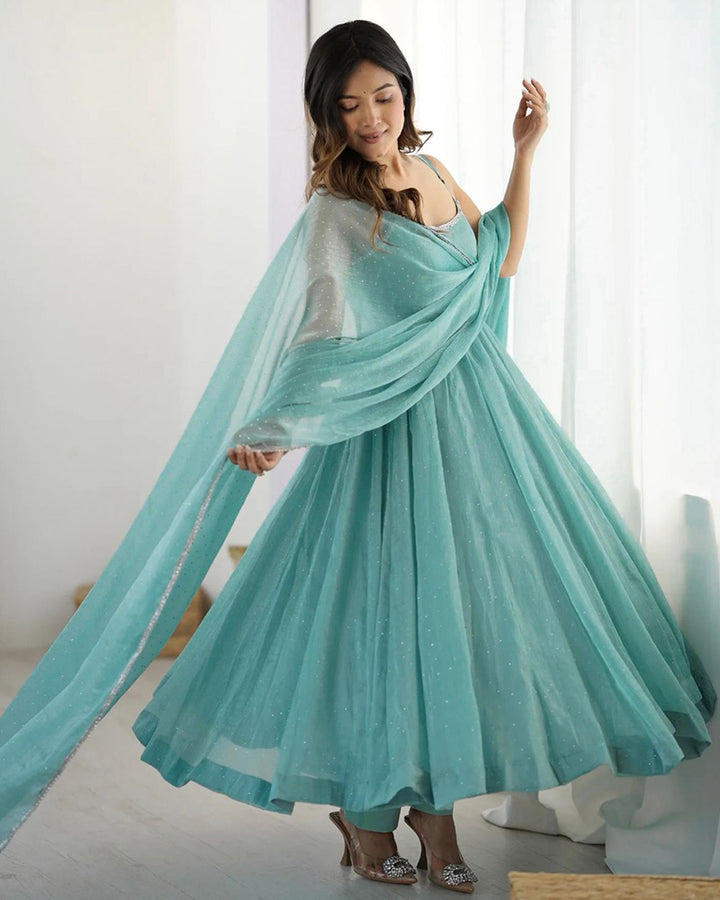 Designer Sky Blue Color Crunchy Silk Anarkali Suit