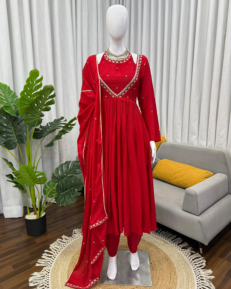 Red Color Chinon Silk Embroidered Plazzo Suit